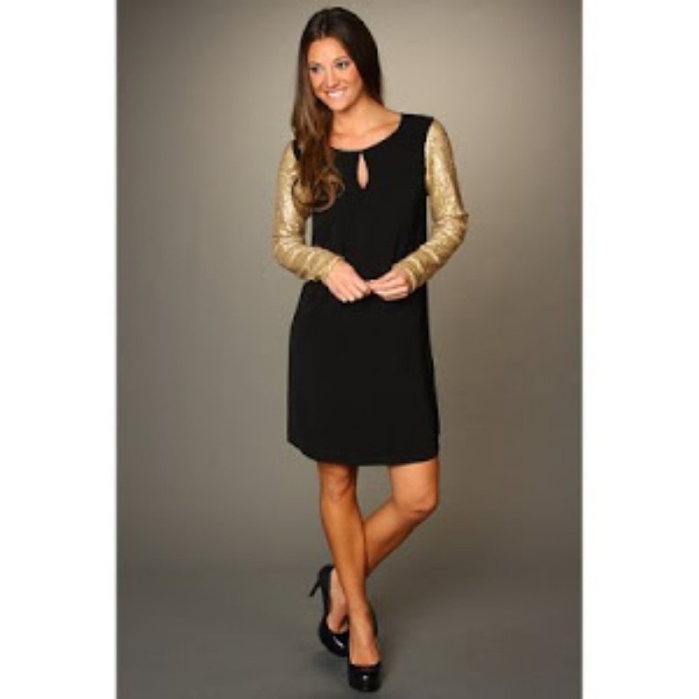 DKNY Dress Black Gold Sequins Long Sleeve Sheath Cocktail Sz 4 Small 465$